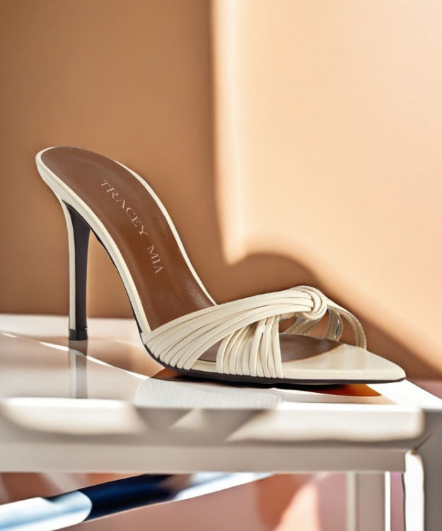 Apricot Faux Leather High Heel Slide Sandals Pointed Toe Peep Toe