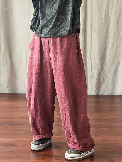 Women Spring Casual Solid Loose Elastic Waist Linen Pants