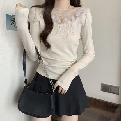 Stylish Black Slash Neck Floral Nail Bead Knit Tops Spring