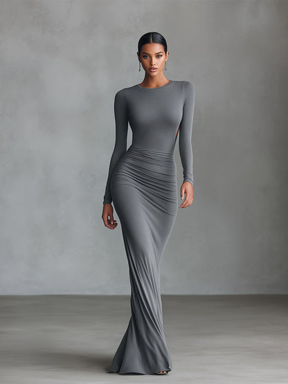 Women's Grey Elegant Stretch - Polyester-Cotton Blend Ruched Open - Back Maxi Dress