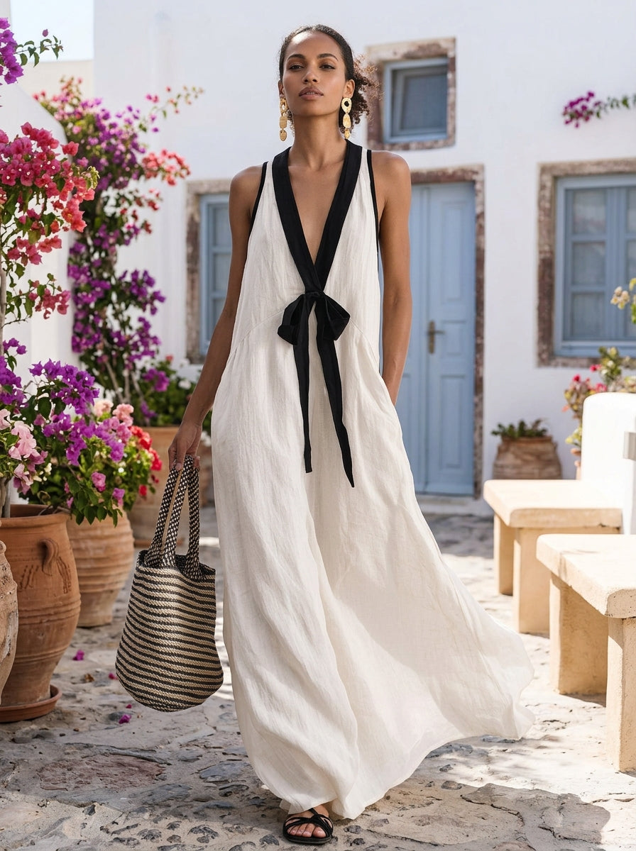 Casual Loose White V Neck Patchwork Cotton Dresses Sleeveless