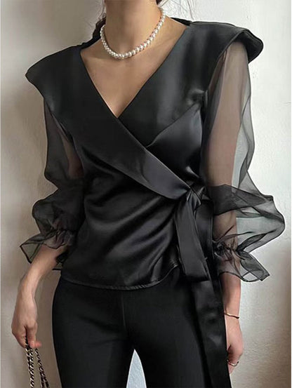 Elegant Plain Surplice Neck Long Sleeve Lace Up Blouse