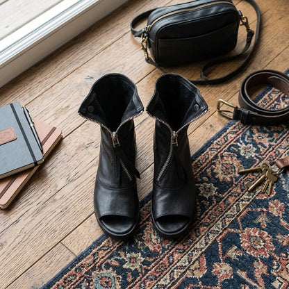 Faux Leather Open Toe Flat Booties Zip Up Ankle Boots
