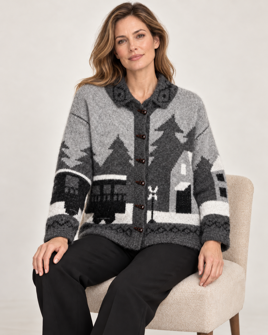 Women's Graphic Wool Cardigan – Scenic Knit Toggle-Button Sweater