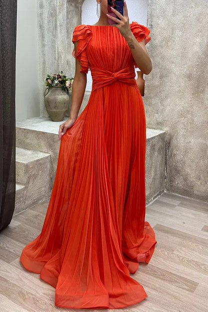 Mocha Elegant Queen Pleated Ruffle Sleeve Cross Waist Maxi Dress
