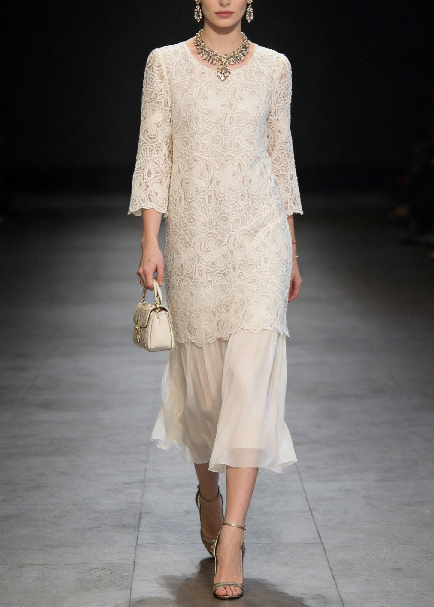 French Beige O Neck Patchwork Lace Dresses Summer