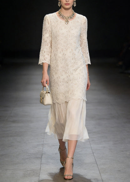 French Beige O Neck Patchwork Lace Dresses Summer