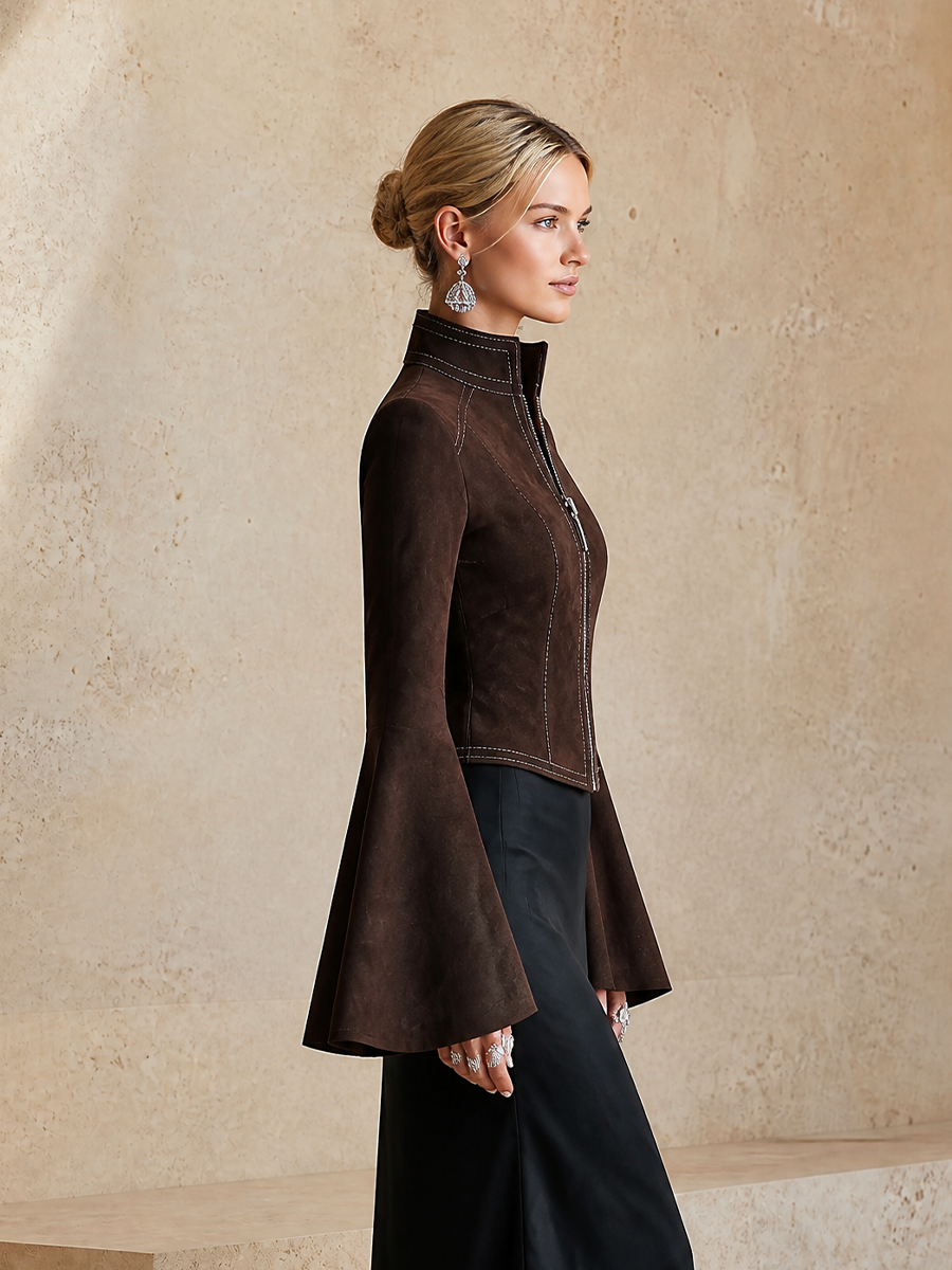 Women's Fitted Retro Solid Stand Collar Flare Sleeve Jacket