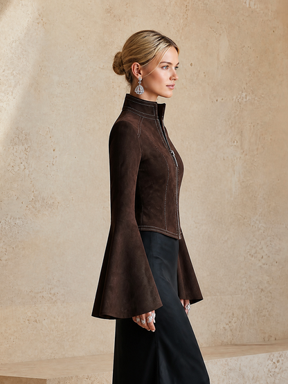 Women's Fitted Retro Solid Stand Collar Flare Sleeve Jacket