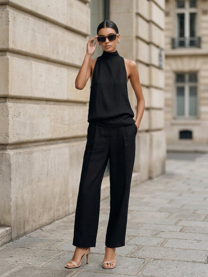 Women's Elegant Black Cotton And Linen Round-neck Sleeveless Top And Trousers Set