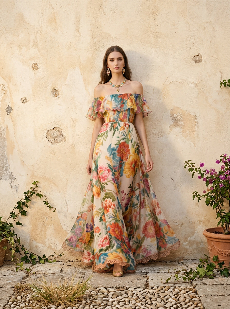 Bohemian Khaki Cold Shoulder Print Chiffon Long Dress Summer
