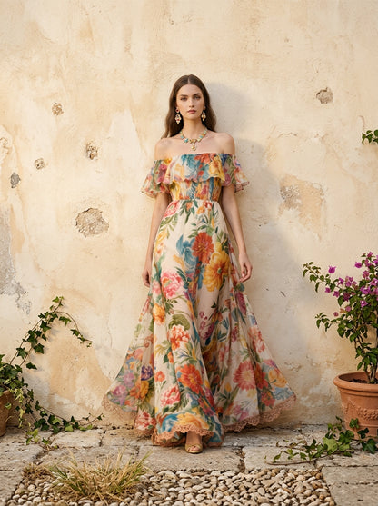 Bohemian Khaki Cold Shoulder Print Chiffon Long Dress Summer