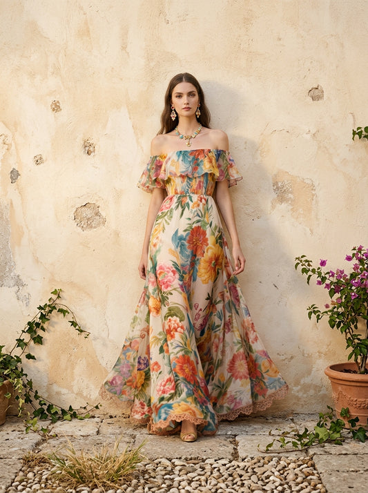 Bohemian Khaki Cold Shoulder Print Chiffon Long Dress Summer
