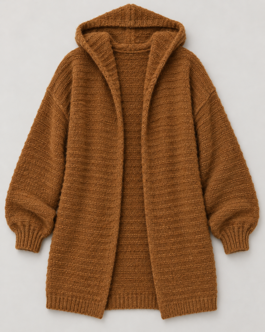 Women's Hooded Wool Cardigan – Longline Open-Front Knit Sweater