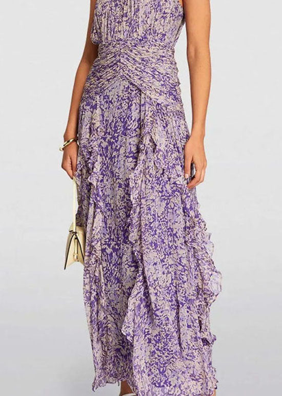 Original Purple Ruffled Print Chiffon Dresses Sleeveless