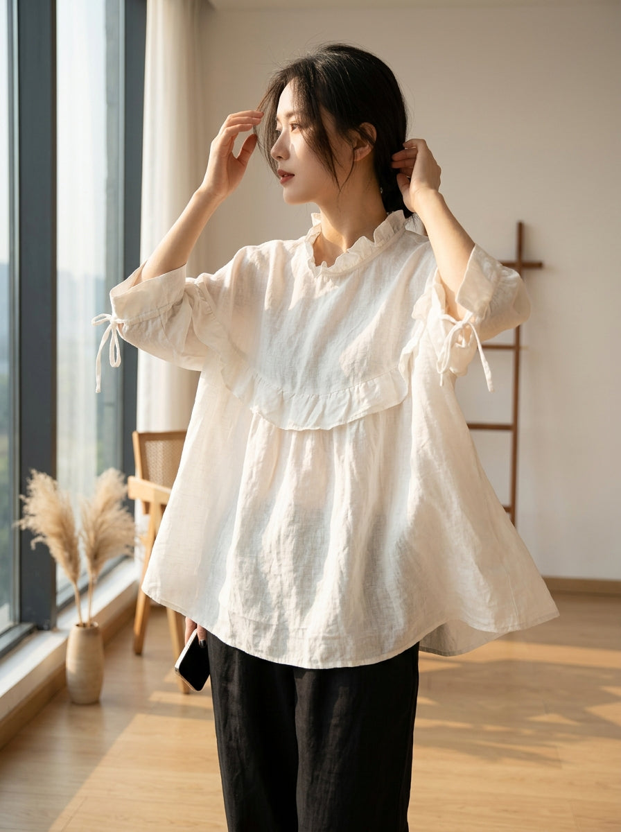 Plus Size White Ruffled Oversized Cotton Blouses Half Sleeve