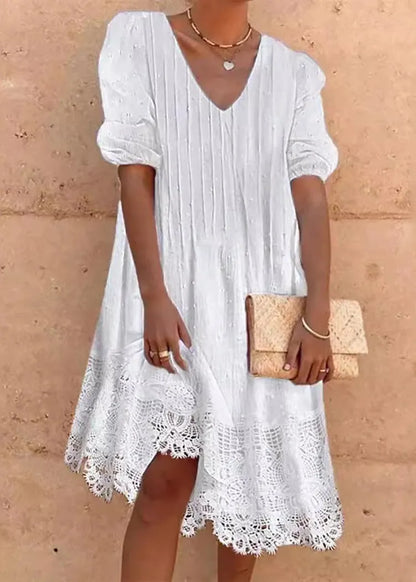 Plus Size White V Neck Lace Patchwork Cotton Dress Summer