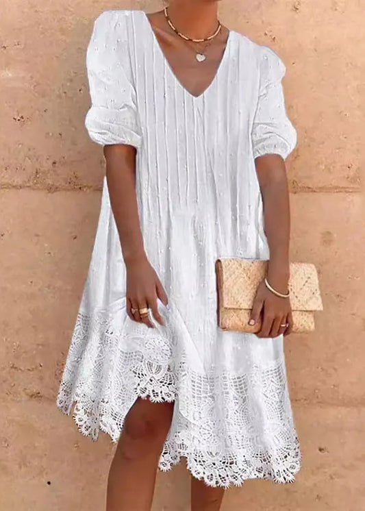 Plus Size White V Neck Lace Patchwork Cotton Dress Summer