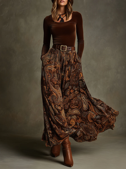 Vintage Stretch Velvet Top and Paisley Print Maxi Skirt Set