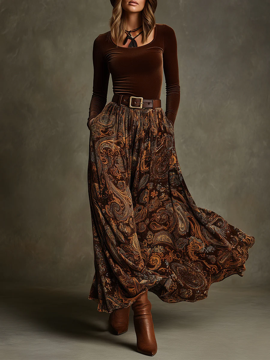 Vintage Stretch Velvet Top and Paisley Print Maxi Skirt Set