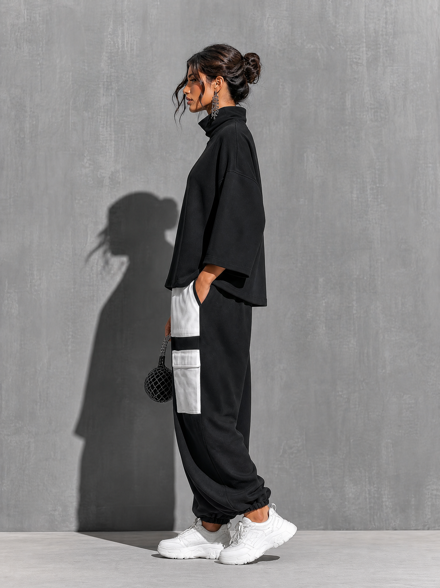 Women’s Black Cotton Knit Oversized High Neck 3/4 Sleeve Sweatshirt & Elastic Cuff Color Block White Patch Pocket Jogger Cargo Pants Two Piece Tracksuit Set