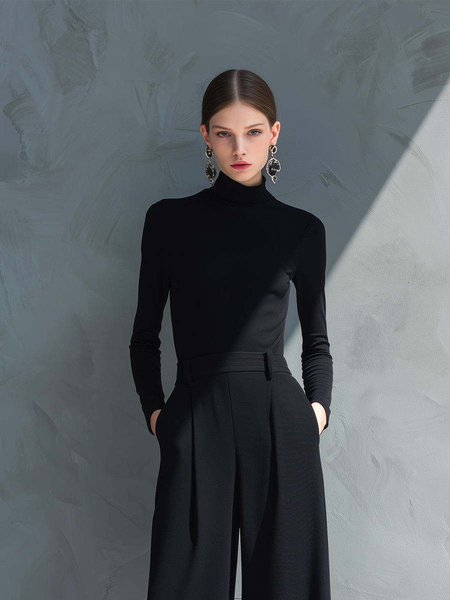Women's Black Classic Knit Turtleneck Wide - Leg Jumpsuit