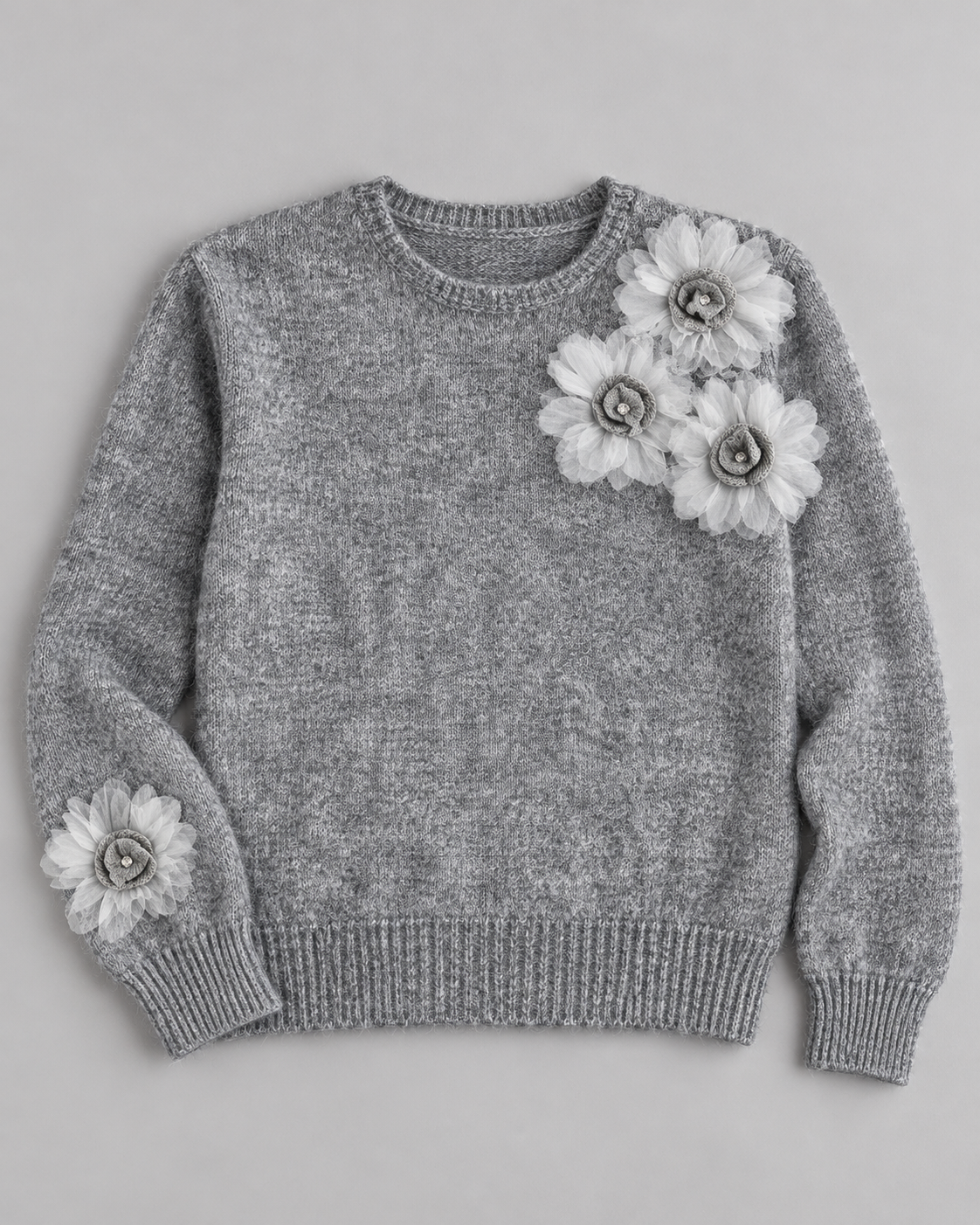 Women's Floral Wool Sweater – Flower Embellished Crewneck Knit Pullover