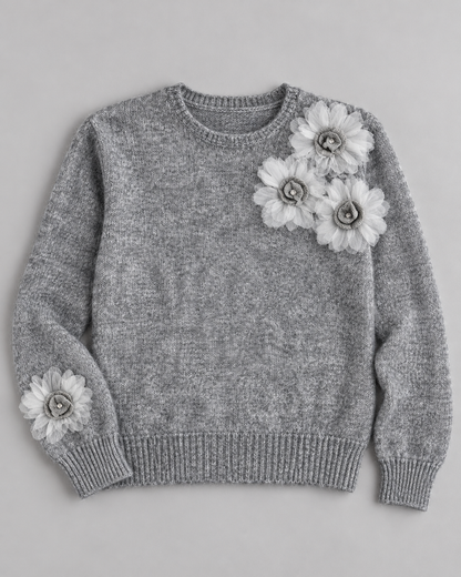 Women's Floral Wool Sweater – Flower Embellished Crewneck Knit Pullover