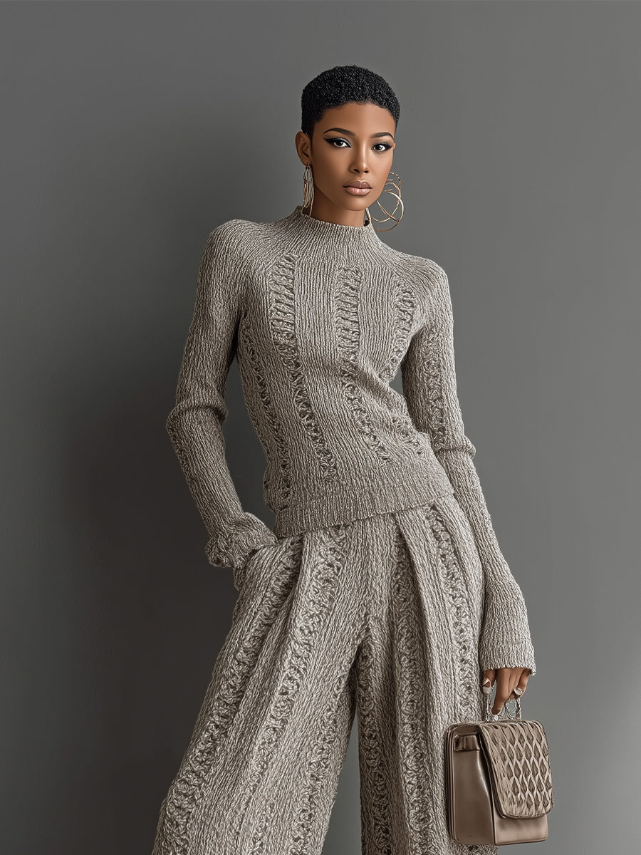 Women's Taupe Elegant Knit Textured Sweater & Wide - Leg Pants Set