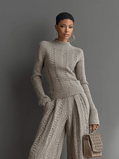 Women's Taupe Elegant Knit Textured Sweater & Wide - Leg Pants Set