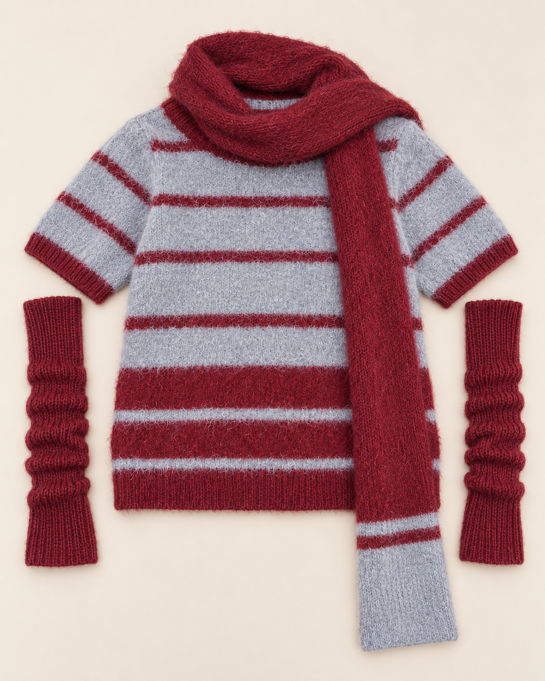 Women's Striped Wool Sweater Set – Knit Top, Scarf & Arm Warmers