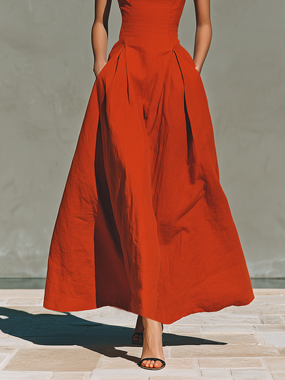 Women's Red Linen Maxi Dress With Halter Neck & Pleated Skirt, Timeless Elegant-Resort Style Dress