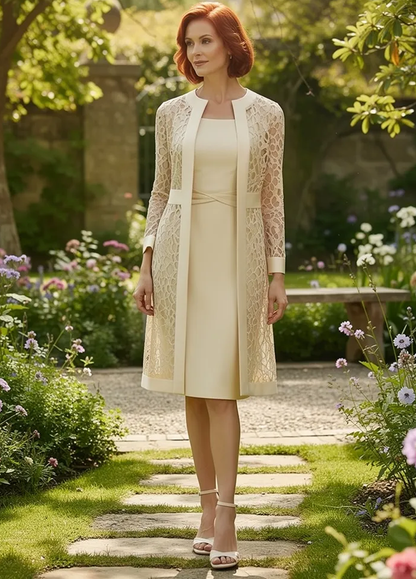 Champagne Elegant Solid Lace Hollowed Out Long Sleeve Two Pieces Dress(8 Colors)