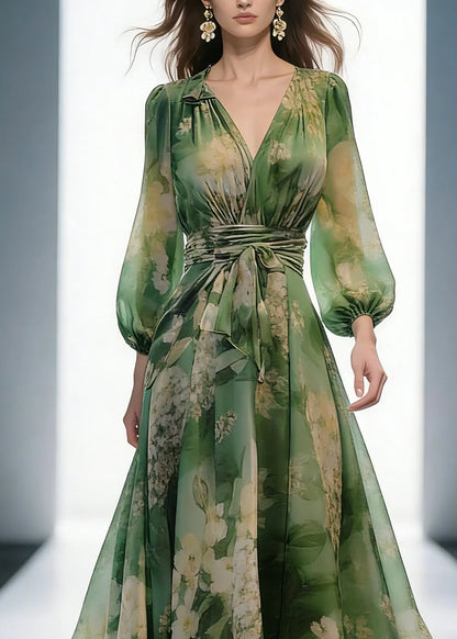 French Green V Neck Print High Waist Chiffon Dresses Long Sleeve