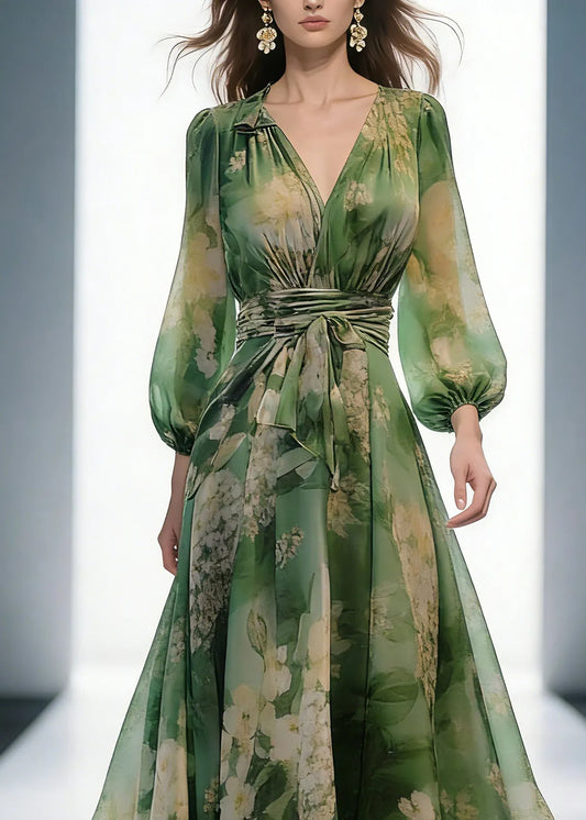 French Green V Neck Print High Waist Chiffon Dresses Long Sleeve