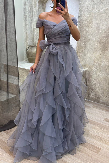 Ship in 24 hours!/ Pretty First Impression Tulle Off Shoulder Tiered Ruffle Evening Maxi Dress Grey