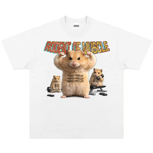 "Muscle Hamster" Powerlifting Design – New Unisex Short-Sleeve Tee (Heavyweight Cotton, Breathable, Printed)