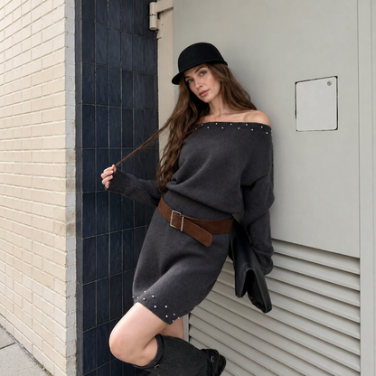 Women's Off-Shoulder Wool Sweater Dress – Studded Long Sleeve Knit Mini Dress