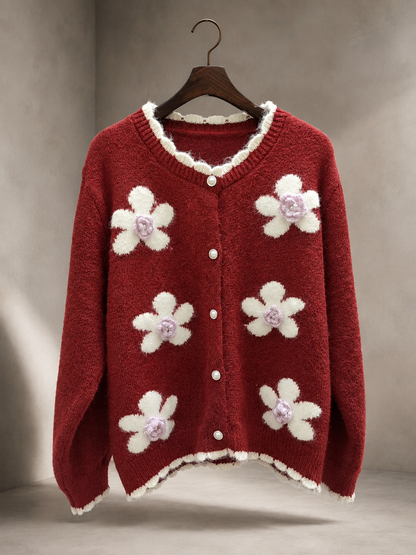 Women’s 3D Floral Wool Cardigan – Pearl Button Soft Knit Sweater for Early Fall