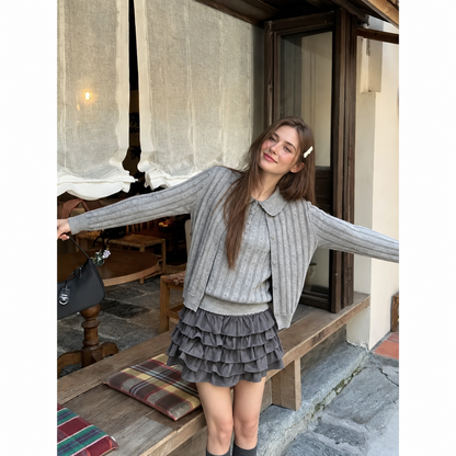Women's Wool Cardigan and Top Set – Two-Piece Pointelle Knit Twinset