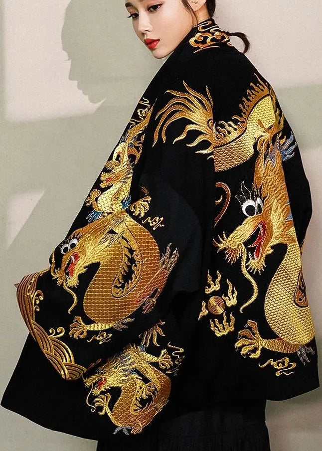 Trendy Gold Painted Dragon Oversized Cotton Cardigan Jacket