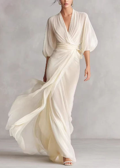 Fine White V Neck Chiffon Maxi Dresses Lantern Sleeve