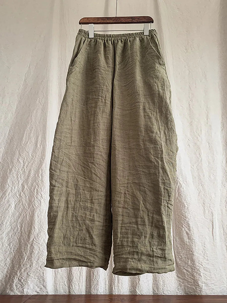 Women Spring Casual Solid Loose Elastic Waist Linen Pants