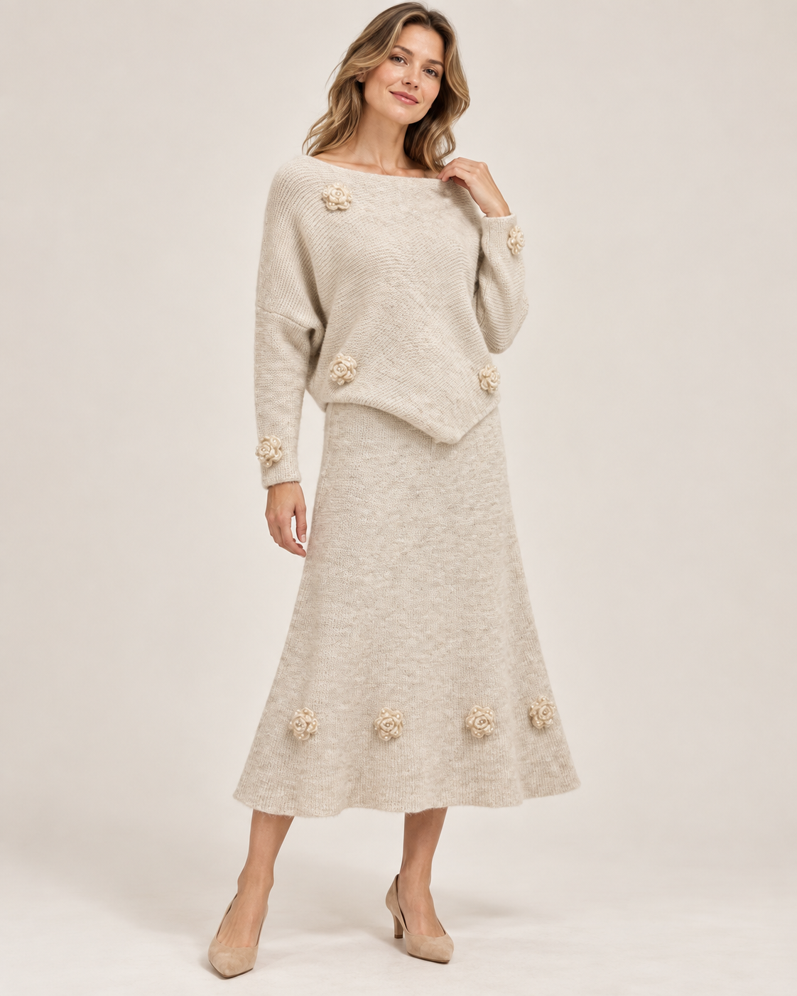 Women's Wool Sweater and Skirt Set – Pearl Floral Two-Piece Knit Outfit