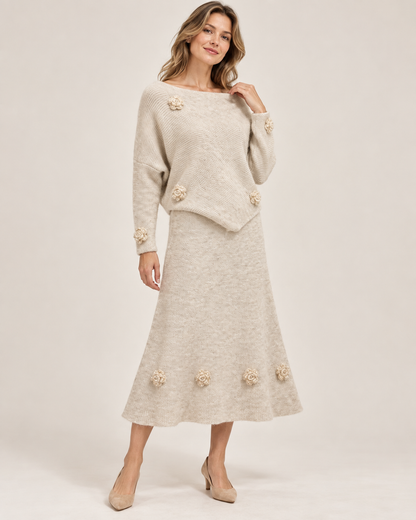 Women's Wool Sweater and Skirt Set – Pearl Floral Two-Piece Knit Outfit