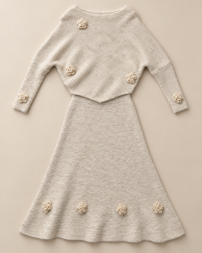 Women's Wool Sweater and Skirt Set – Pearl Floral Two-Piece Knit Outfit