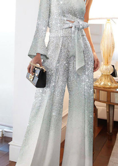 Fashion Blue Cold Shoulder Sequins Tie Waist Jumpsuits Summer