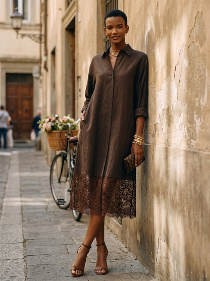 Women's Minimalist Solid Brown Linen & Lace-Panel Midi Shirt Dress