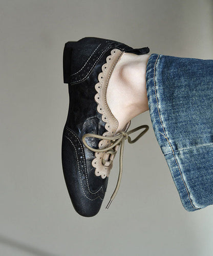 Elegant Black Sheepskin Lace Up Splicing Loafers