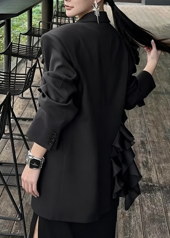 French Black Notched Asymmetrical Floral Coats Long Sleeve